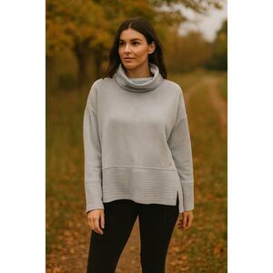 Tahari Sport Blue Ribbed Cowl Neck Pullover L Cozy Layered Knit Sweater Athletic